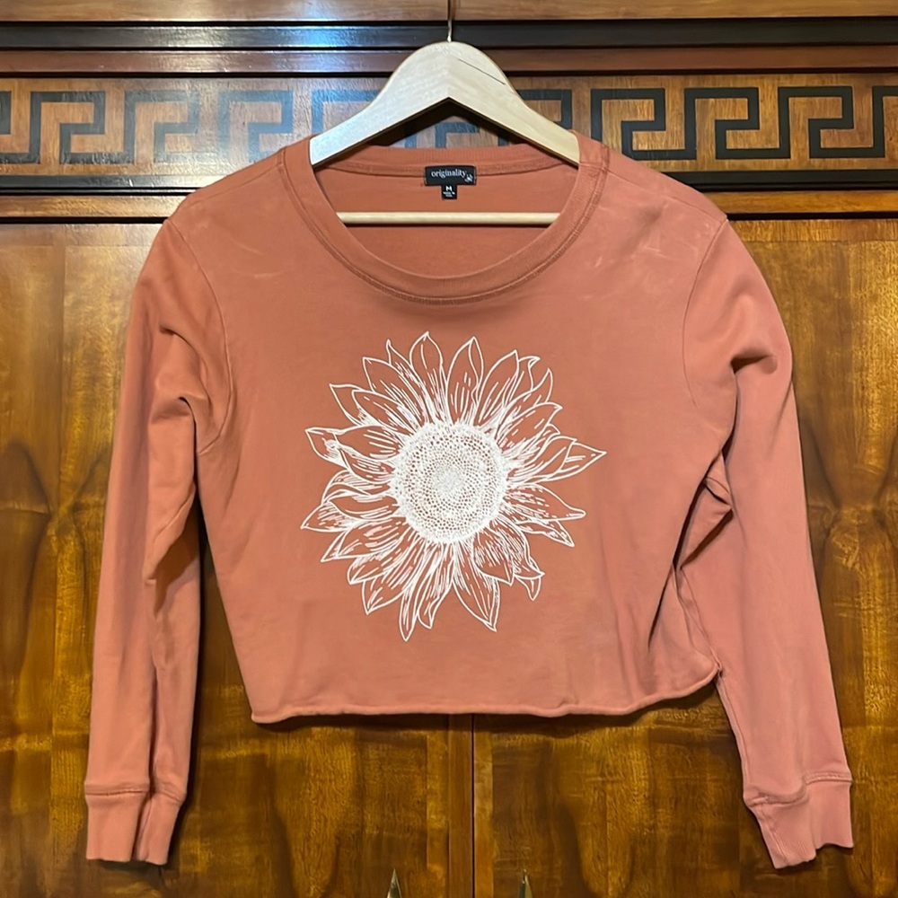 Originality Juniors M Pink Sunflower Crop Top Long Sleeve Cotton Made USA - Picture 4 of 13